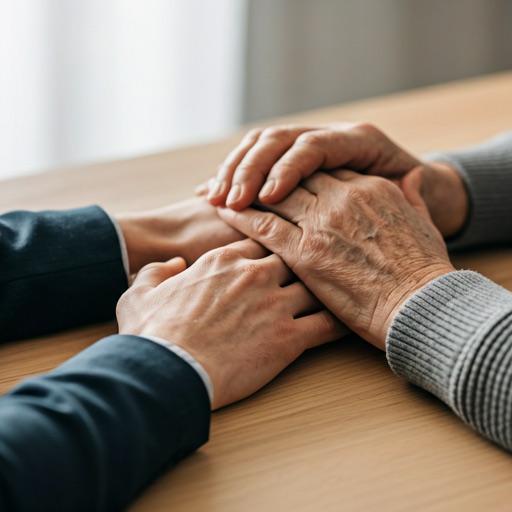 Sosionom og eldre person holder hender – trygghet og omsorg